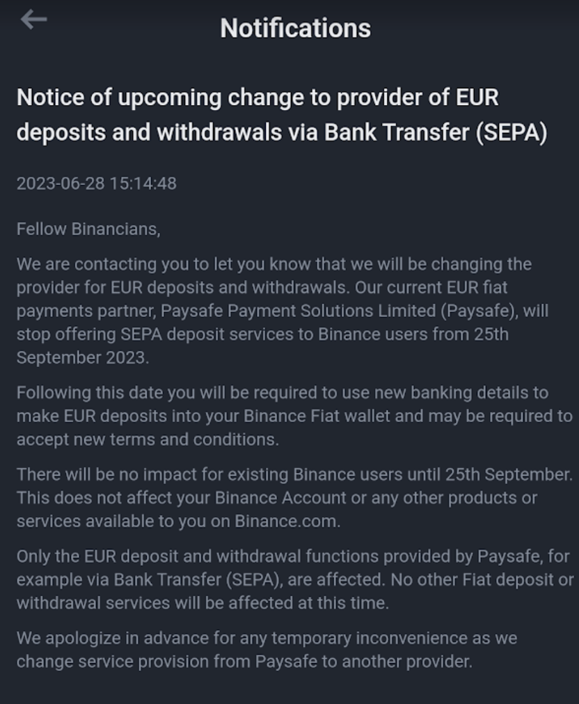 Binance notification to users 

